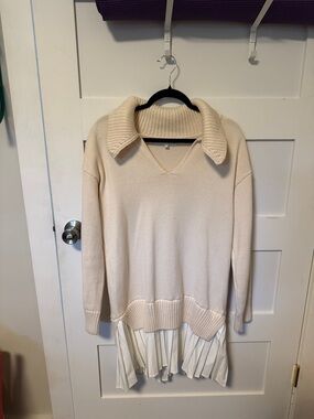 English Factory Cream Preppy V-Neck Sweater Dress with Pleated Hem